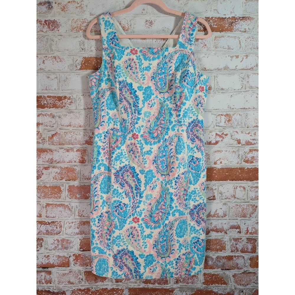 Talbots Paisley Sheath Dress Womens 10P Blue Pink Cotton Blend Sleeveless Lined